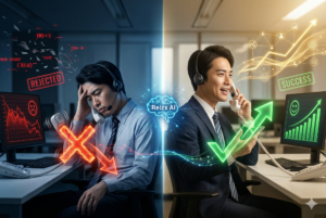 東京のコールセンターに勤務する一人の日本人男性テレマーケターを写したシネマティックな写真。画像は垂直にドラマチックに分割されており、左側は暗く冷たい青色の照明で、ガチャ切り拒絶（燃えるような赤い「X」と下向き矢印のホログラムで表示）に落ち込み、ヘッドセットをしてうつむいている。彼のコンピューター画面は赤いグラフと悲しい顔のアイコンを表示。背景には断片化された赤いエラーコードのデータストリームが漂っている。右側は温かく黄金色に輝く照明で、同じテレマーケターが自信に満ちた笑顔で、リラックスしてヘッドセットに向かって話している。電話の受話器は優しいグリーンの「✓」と上向き矢印のホログラム（成功した接続を表す）で輝いている。コンピューター画面はグリーンの棒グラフと幸せな顔のアイコンを表示。黄金色に輝くスムーズな音声波形と interconnected network icons が整然と上がりながら背景に形成されている。中央の境界線には、洗練された『Reizx AI』脳ロゴ（脳とネットワークのアイコン）が青白く光を放ちながら浮かんでいる。左の赤い「×」データが AI を通過し、右のグリーン「✓」データへと転換されていく様子が、青い光のデータラインで表現されている。現代的なオフィス背景はぼかされている。