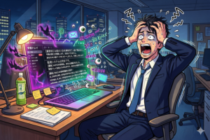 決裁者が「貴社に共感しました」という大量の不自然なAIメールにウンザリしている様子と、その横で「資金調達」「採用強化」などの確実な購買シグナルだけをAIが抽出し、人間がピンポイントでアプローチしているハイブリッド営業の対比イラスト。