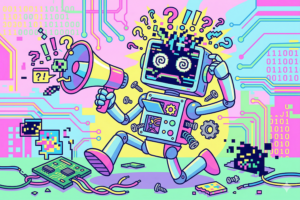 エラーを出してパニックになるポンコツAIロボットのイラスト。自社名で営業してくる質の低いAI自動営業ツールの象徴。