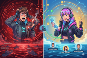 血みどろの価格競争（レッドオーシャン）で疲弊する営業マンと、AIの力で競合ゼロの優良顧客（ブルーオーシャン）を自動で育てて獲得する賢い営業スタイルの対比イラスト。