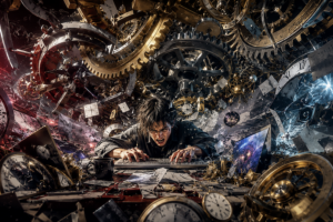 大量の時計の歯車に押しつぶされそうになりながら、キーボードを叩き続けるクリエイターのシュールな3Dコラージュグラフィック