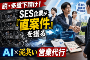 左側に鎖に繋がれた暗い「元請け、一次、二次、三次請け」の多重下請けタワー、右側にAI分析画面と泥臭いアプローチ（手書きメモ）で決裁者と握手する笑顔のビジネスマン。「脱・多重下請け！SES企業が「直案件」を獲る」という文字が書かれたサムネイル画像。