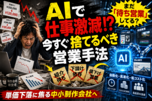 「AIで仕事激減！？今すぐ捨てるべき営業手法」というコピーと共に、単価下落に頭を抱える制作会社経営者とAIの台頭を描いたサムネイル画像。「紹介待ち」「下請け依存」「値下げ営業」をゴミ箱に捨てる様子が表現されている。