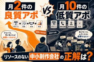 設定項目入力内容狙い・目的代替テキスト (alt)「月2件の良質アポ VS 月10件の低質アポ」「リソースのない中小制作会社の正解は？」というタイトルと、利益に繋がる明るい道（良質アポ）と、失注続きで疲弊する暗い道（低質アポ）の分岐点で悩む人物を描いた対比型のサムネイル画像。