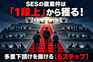 暗い階段状のピラミッドの下層で多数のエンジニアがパソコンに向かうなか、赤い階段を3人のビジネスパーソンが上へ歩いていくイメージ。頂上では明るい会議室で握手が交わされている。SES企業が多重下請けから1段上の商流へ移る流れを表した図