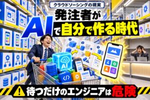 クラウドソーシングの現実｜発注者がAIで自分で作る時代、待つだけのエンジニアは危険、と書かれたアイキャッチ画像。AIや部品をカートに詰めて自作アプリを作る発注者と、頭を抱えるエンジニア