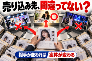 タレントのプロフィール資料を手に、制作会社・広告代理店・イベント会社のどこへ売り込むかを選んでいる様子。「売り込み先、間違ってない？ 相手が変われば案件が変わる」の文字入り